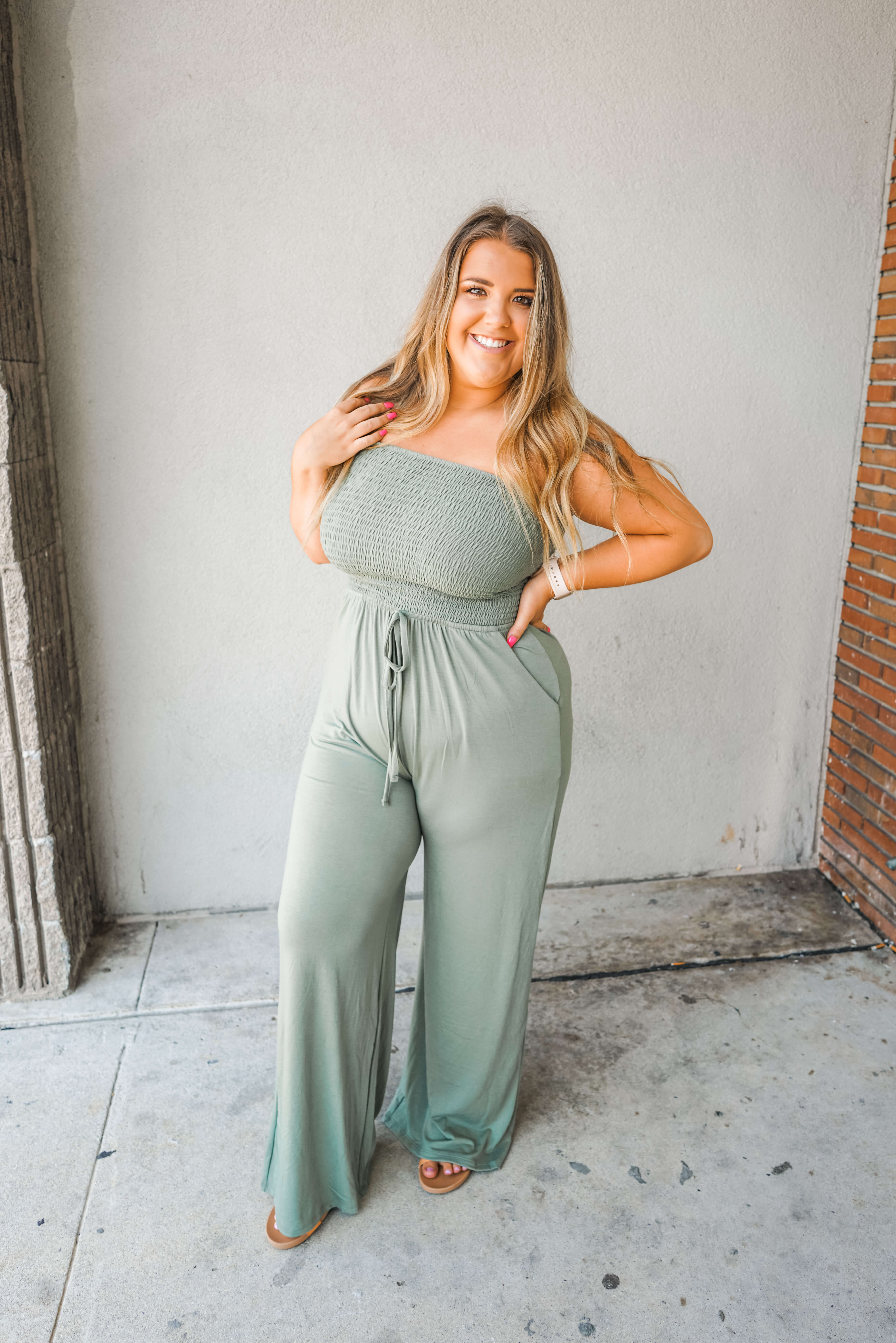 smocked tube jumpsuit