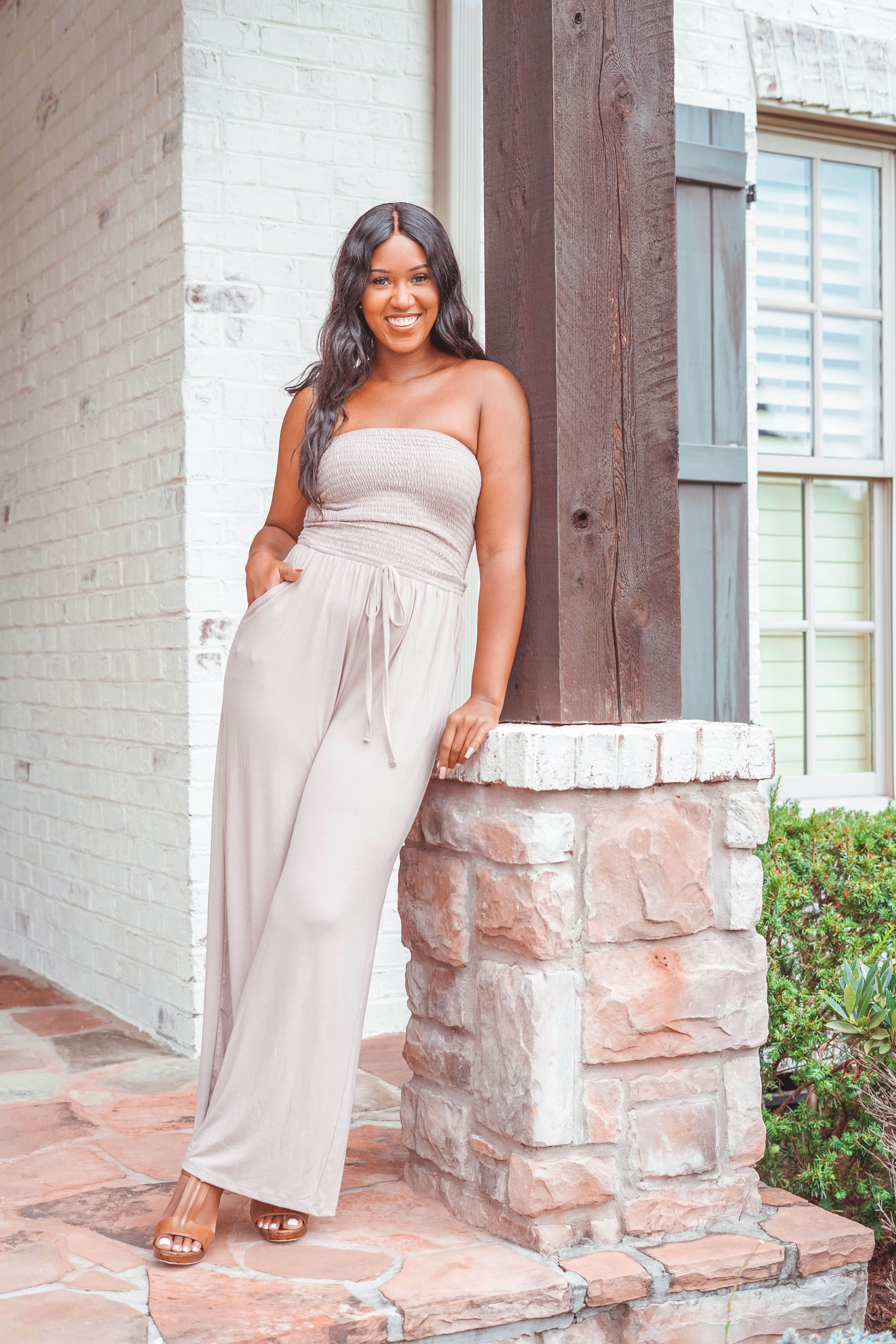 smocked tube jumpsuit